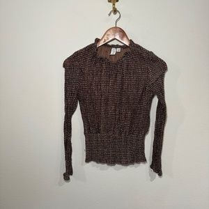 Joie Blouse Women's SM Brown Black Smocked Stretch Crinkle Long Sleeve Metallic